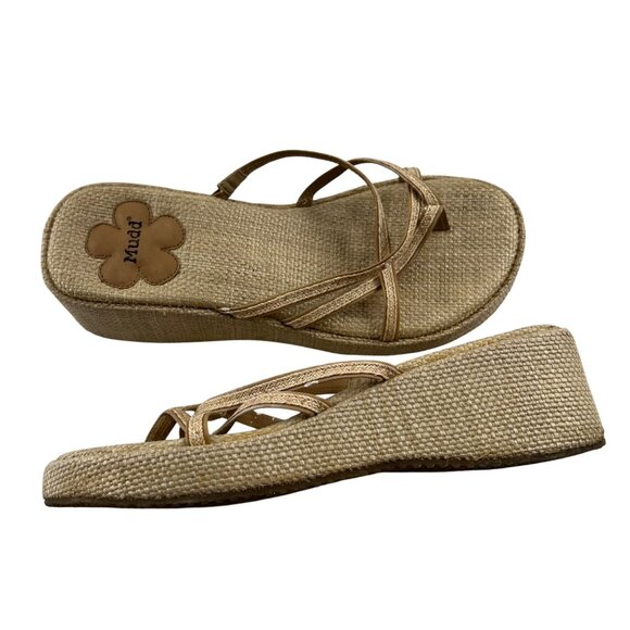 Mudd Woven Wedge Strappy Sandals Tan Textured Fabric Cross Strap sz 6.5 Y2k - Picture 1 of 6